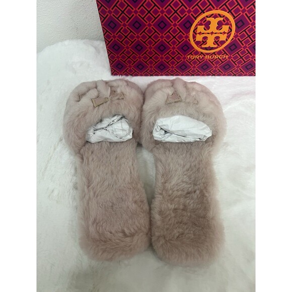 TORY BURCH SHEARLING SLIDE SANDAL SHELL PINK /GOLD TRIM DOUBLE LOGO SZ US 6 NEW - Picture 5 of 10